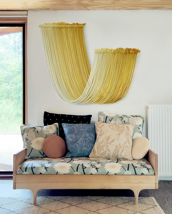 Macrame Wall Hanging Yellow Dip Dyed Fiber Yarn Wall Art Macrame Wall Decor Boho Wall Decor Handmade Craftsmanship 15.7" Wx 47.2" L