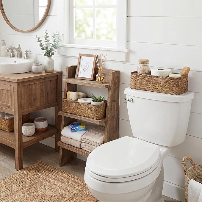 StorageWorks Toilet Paper Basket for Back of Toliet，with 3-Compartments, Bathroom Basket Organizer, Seagrass Toilet Tank Basket, Brown, 2-Pack