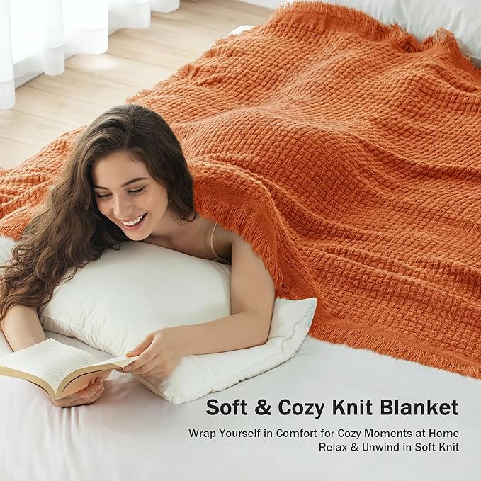 Exclusivo Mezcla Twin Size Knit Blanket with Fringes for Bed, Reversible Super Soft and Warm Woven Boho Throw for All Season, Home Decor, 60"x80", Burnt Orange