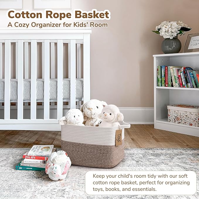 Goodpick Woven Storage Basket, Cotton Rope Baskets for Toys, Books, Small Baby Laundry Baskets with Handles, Rectangle Dog Toy Basket for Living Room, 13 x 10 x 9 Inches