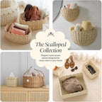 BEBE BASK Premium Scalloped Basket Set Of 2 - Scallop Basket - 16 x 10 x 7 Inch - Hand-Woven Elegant Wicker With Scalloped Edge - Nursery Storage (Natural)