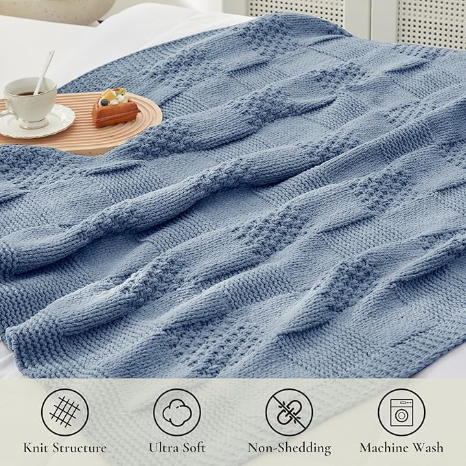 Amélie Home Checkered Chenille Knit Throw Blanket for Couch, Classic Texture Decorative Soft Blanket for Sofa, Chair & Bedroom, 50"x60", Washing Blue