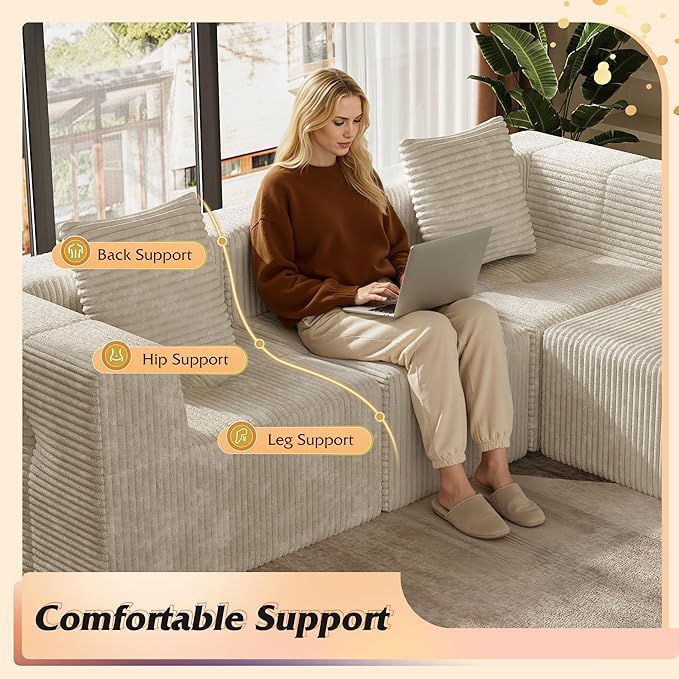 WLIVE 108'' Cloud Sectional Couches for Living Room, Modular Boneless Couch with Left Facing Chaise, L Shape Memory Foam Corduroy, with Ottoman, Beige