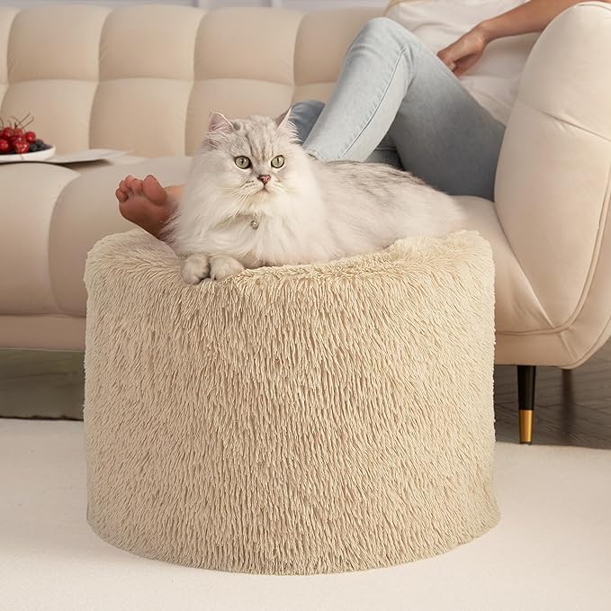 Hansleep Round Pouf Ottoman Foot Rest, 17 x 14 Small Faux Fur Stuffed Pouf for Chair, Foam Filled Foot Stools Ottomans for Living Room, Brown