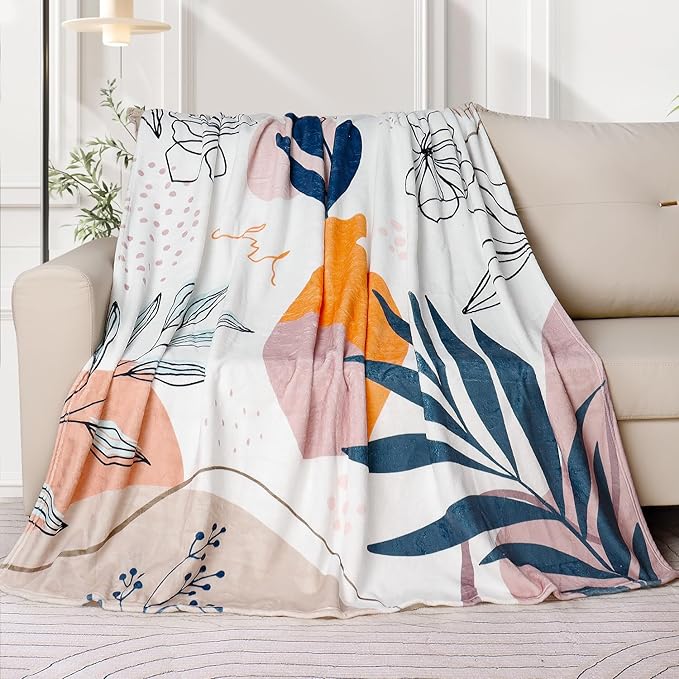 Boho Throw Blanket Minimalist Mid Century Blanket Modern Abstract Art Blankets Floral Plant Print Bed Blanket Super Soft Fleece Flannel Throw Blanket for Couch 50"x60"