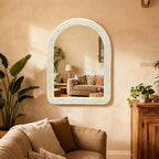 30" x 40" Arched Wall Mirror, Handwoven Natural Corn Husk Fiber with Light Whitewashed Finish, Warm Boho Coastal Style for Entryway, Bedroom, Living Room, Vertical Hanging