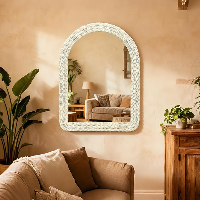 30" x 40" Arched Wall Mirror, Handwoven Natural Corn Husk Fiber with Light Whitewashed Finish, Warm Boho Coastal Style for Entryway, Bedroom, Living Room, Vertical Hanging