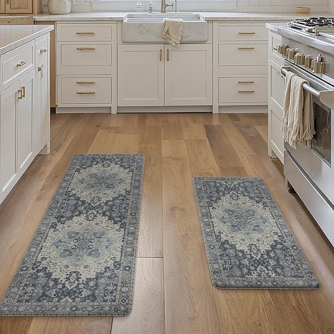 GENIMO Kitchen Mats for Floor 2PCs, Washable Anti Fatigue Mat for Cushioned, 17.3"x47"+17.3"x30", Waterproof Kitchen Rugs, Non Slip Comfort Standing Mat Rug for Home, Sink, Laundry, Center Blue