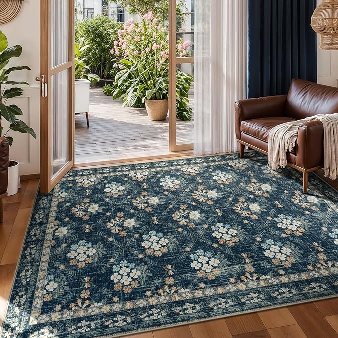 Lessymo Dining Room Rugs for Under Table, 6x9 Washable Area Rug for Living Room, Low Pile Non-Slip Floor Carpet for Bedroom, Stain Resistance Vintage Floral Design Décor, Navy/Beige