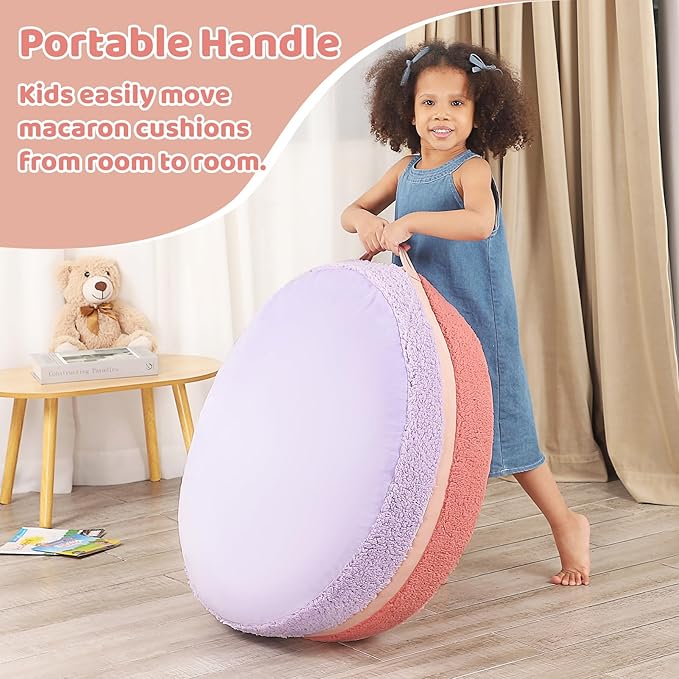 Macaron Bean Bag Chair for Kids and Teens, Medium Bean Bag Sofa with Memory Foam Filling, 27.5"×27.5"×13.5", Purple and Red