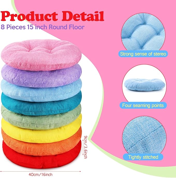 Fumete 8 Pcs 16 Inch Round Floor Cushions for Kids and Toddlers, Flexible Seating Classroom Furniture Floor Pillow for Home, Daycare, Preschool, Yoga and Meditation (Lovely)