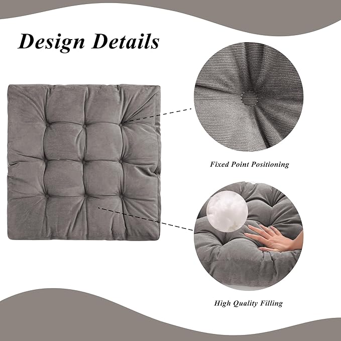 Meditation Floor Pillow 22×22 Inch 2 Pack Large Floor Cushions for Adults Square Tufted Corduroy Floor Pillows for Yoga Living Tatami Room Grey