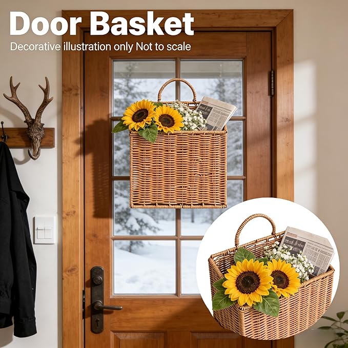 Set of 2 Woven Hanging Wicker Basket for Front Door, Handmade Rattan Hanging Wall Baskets for Garden Farmhouse Home