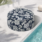 Indoor/Outdoor Inflatable Ottoman, Water Repellent Round Foot Rest Ottomans D31 x H14 inch, Portable Footstool for Patio Garden Camping or Home, Elegant Vines Navy