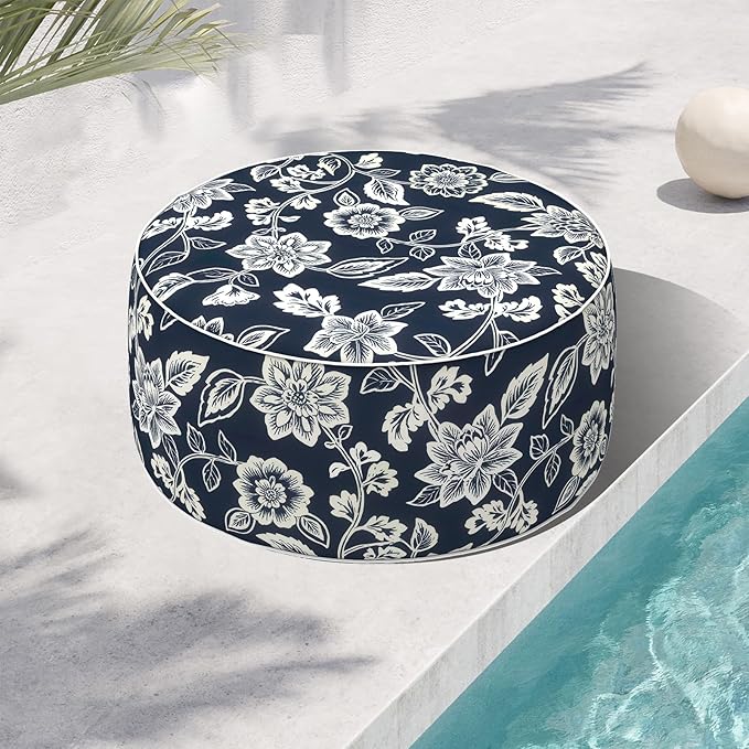 Indoor/Outdoor Inflatable Ottoman, Water Repellent Round Foot Rest Ottomans D31 x H14 inch, Portable Footstool for Patio Garden Camping or Home, Elegant Vines Navy