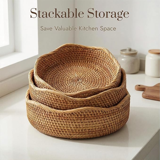 10.2” Fruit Basket, Wicker Basket Rattan Fruit Bowls, Small Decorative Bread Baskets, Handwoven Storage Basket, Natural Woven Serving Bowls Kitchen Counter Organizing Dining Room Snack Vegetable