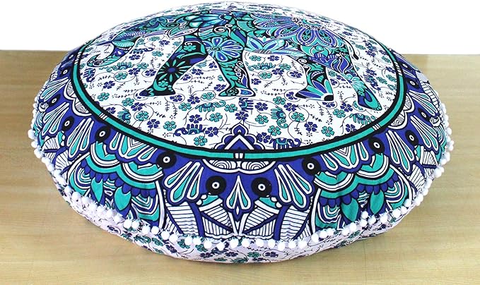 ICC 32 Inch Floor Pillows & Cushions Covers Decorative Hippie Mandala Pouf Pillow Covers Bohemian Seating Meditation Cushion Cover Large Boho Ottoman Case Pillowcase for Couch White Blue