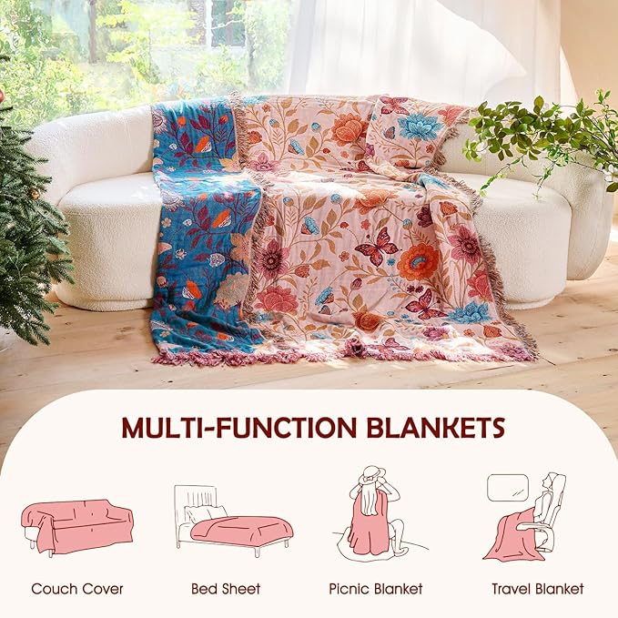 Boho Throw Blanket - 100% Cotton Ultra Soft Muslin Blanket, 60"x80" Lightweight Floral Butterfly Framhouse Bedding Spring Blanket for Bed, All Season Beige Bohemian Bedroom Home Decor Quilt