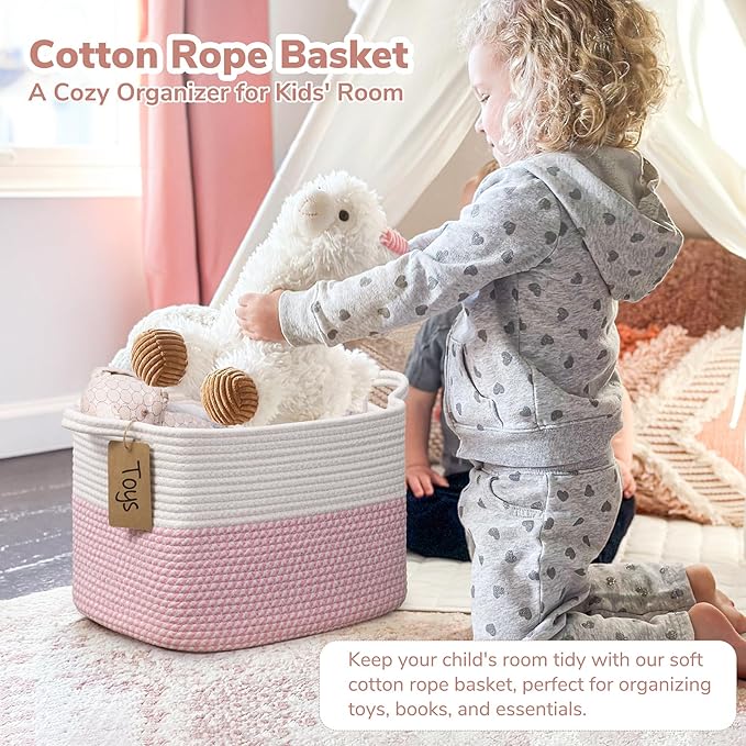 Goodpick Woven Storage Basket, 13" x 10" x 9" Storage Baskets for Organizing, Rope Gift Basket with Handles, Baby Baskets Kids Toy Organizer for Living Room, Pink