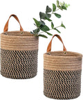 2pack Small Hanging Baskets-Cotton Rope Wall Basket with Handle, Hanging Storage Basket, Shelf Baskets Storage Bin Closet Organizer - 6.3" x 7", Woven Plant Basket (Jute-black)