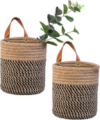 2pack Small Hanging Baskets-Cotton Rope Wall Basket with Handle, Hanging Storage Basket, Shelf Baskets Storage Bin Closet Organizer - 6.3" x 7", Woven Plant Basket (Jute-black)