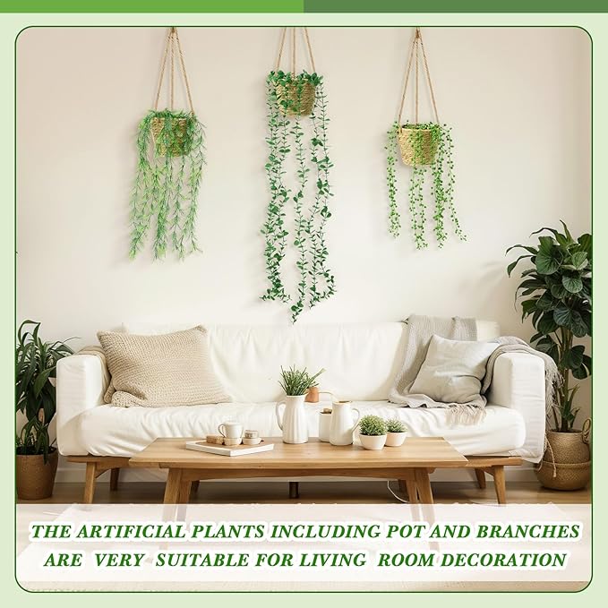 6 Set Mini Fake Hanging Plants with Woven Basket Boho Artificial Ivy Faux Vines Eucalyptus Leaf for Indoor Home Wall Living Room Bathroom Shelf Decor (Eucalyptus Leaf)