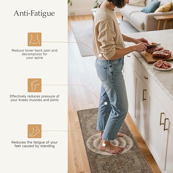 GENIMO Kitchen Mats for Floor 2PCs, Washable Anti Fatigue Mat for Cushioned, 17.3"x47"+17.3"x30", Waterproof Kitchen Rugs, Non Slip Comfort Standing Mat Rug for Home, Sink, Laundry, Rustic Brown