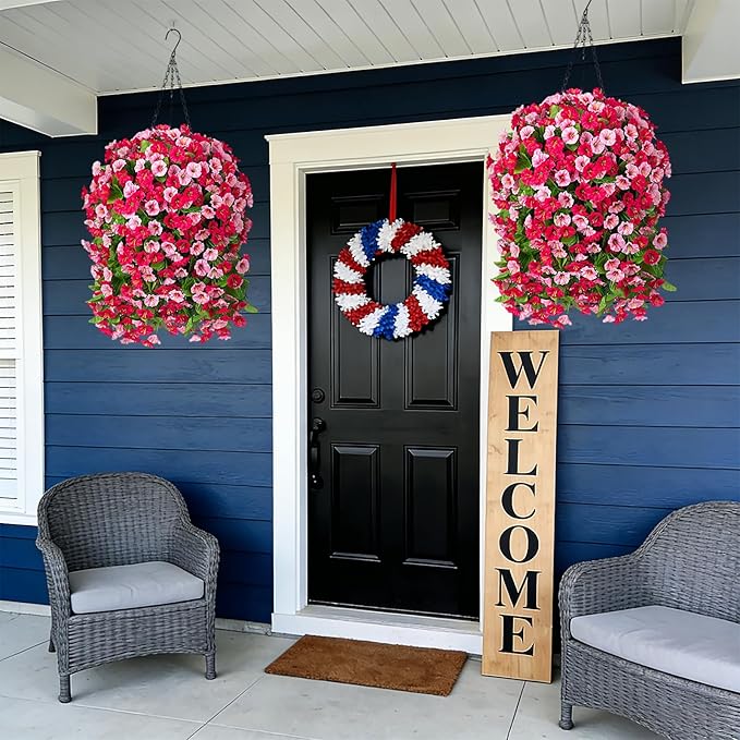 Artificial Flowers with Hanging Basket, Outdoor Faux Plants Silk Morning Glory Vines, Fake Green Arrangement for Garden Patio Spring Summer Decor(Hot Pink)