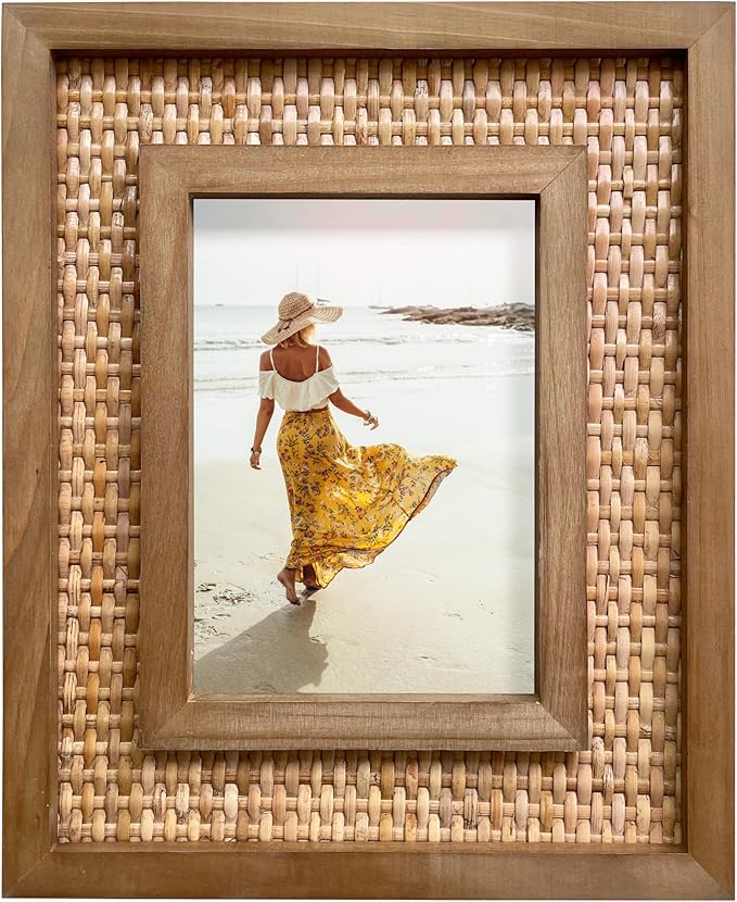5x7 Picture Frame Handwoven Rattan (9.5"x11.5" Outer) - Fits 5"x7" Photos - Sawtooth Wall Hanger & Tabletop Stand - Natural Coastal Display
