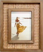 5x7 Picture Frame Handwoven Rattan (9.5"x11.5" Outer) - Fits 5"x7" Photos - Sawtooth Wall Hanger & Tabletop Stand - Natural Coastal Display