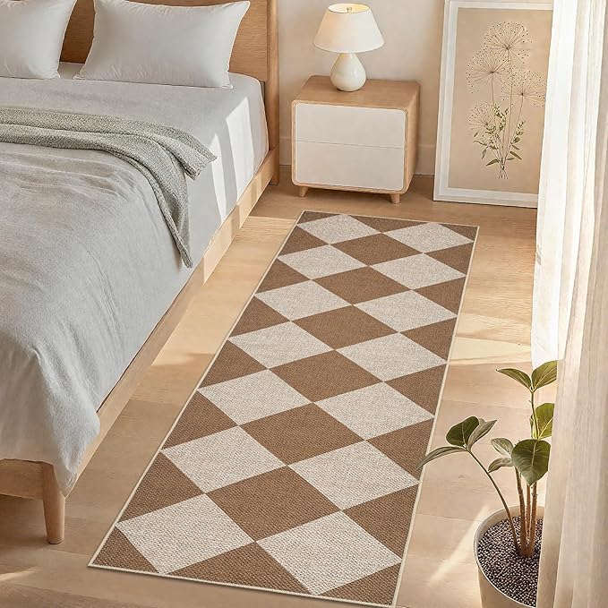 GarveeHome Easy Jute Rugs 2x8 Checkered Kitchen Runner Rugs Non Skid Washable Stain Resistant Indoor Outdoor Rugs for Living Room, Bedroom, Dining, Patio - Farmhouse Style Brown