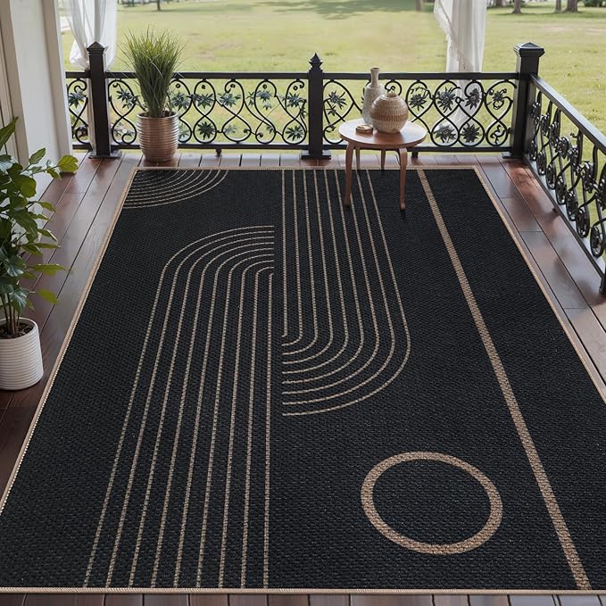 Tangsoo Easy Jute 5x7 Area Rug for Living Room,Modern Thin Washable Rug Non Slip Rubber Backing Indoor Outdoor Carpet,Farmhouse Black Round Rainbow Throw Mat for Office Balcony Backyard Patio