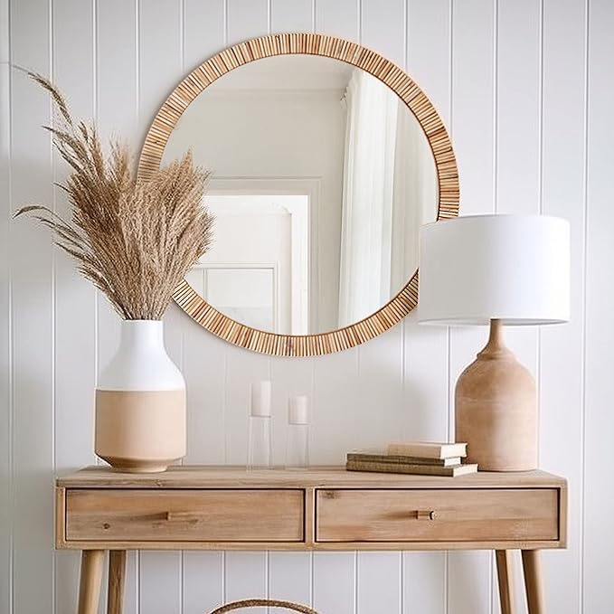 Barnyard Designs Rattan Bathroom Mirror – Rustic Farmhouse Style Handmade Wicker Rattan Frame - Boho Mirror for Nursery Wall Décor (25.5", Round)