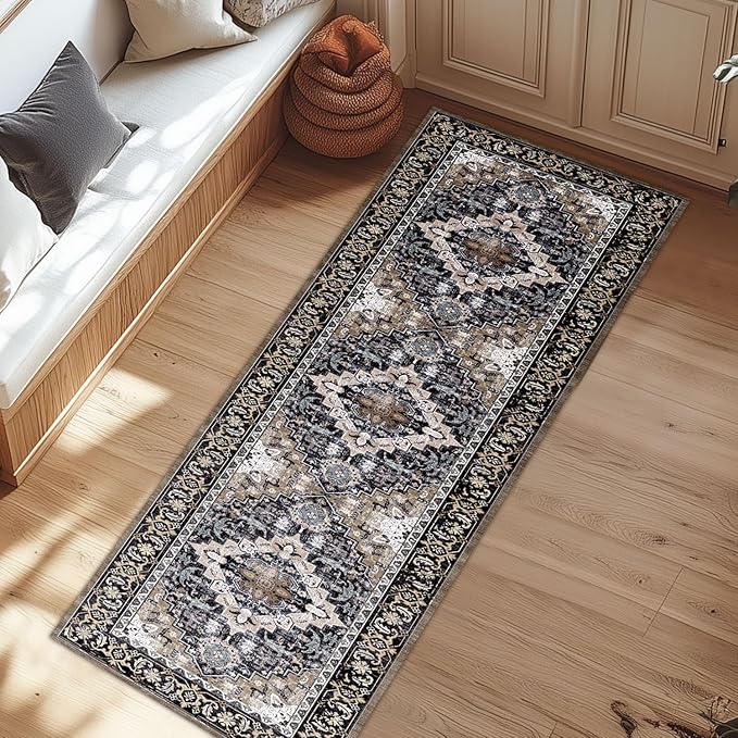 Lessymo 2 x 6 Runner Rug,Machine Washable Area Rugs Boho Faux Wool Low Pile Area Rug for Bedroom, Floral Medallion Vintage Rugs with Non-Slip Rubber,Black Brown