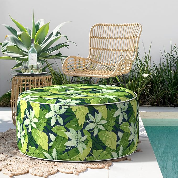 Indoor/Outdoor Inflatable Ottoman, Water Repellent Round Foot Rest Ottomans D31 x H14 inch, Portable Footstool for Patio Garden Camping or Home, Jungle Leaves