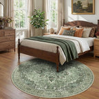 Area Rugs 7ft Washable Non-Slip, Floral Vintage Distress Print Pattern Medallion Carpet for Living Room Bedroom Dining Room, Dark Green Gray