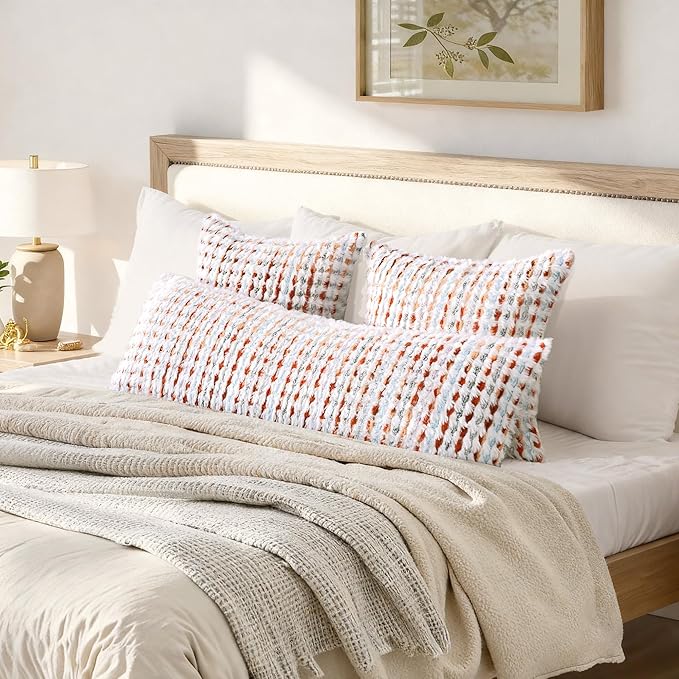 Boho Chenille Tufted Pillow Cover 14x36 Inch Set of 1, Farmhouse Striped Decorative Pillow Covers Accent Fluffy Neutral Long Body Bolster Pillow for Couch Sofa Bedroom Living Room, Orange