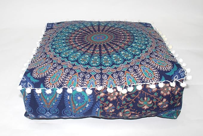 CRAFT KALA Blue Peacock Large Hippie Mandala Meditation Floor Ottoman Pillow Cushion Pouf Cover Square Poufs Bohemian Circle Floor Cushion Case Outdoor Fireplace Living Room Decor Cover 24" Square