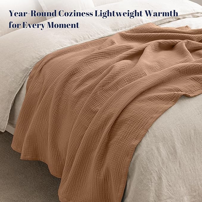 PHF 100% Cotton Muslin Blanket Queen Size 90"x90", 4-Layer Lightweight Gauze Throw, Breathable Cloud-Soft Minimalist Blanket for Bed, Couch, Camping & Baby, Coco Brown, Ideal Gift