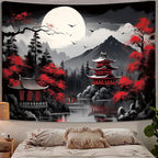 Mountain Forest Nature Tapestry for Bedroom, Black and White Moon Landscape Wall Hanging, Tree Sunset Dark Large Asia Japanese Tapestries Aesthetic Anime Art Decor for Living Room College Dorm, 60x40