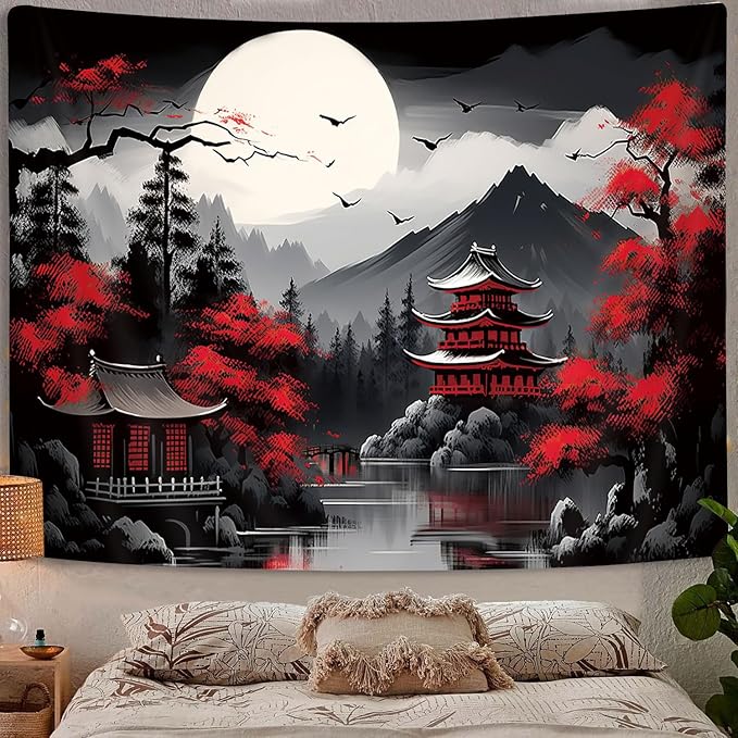 Mountain Forest Nature Tapestry for Bedroom, Black and White Moon Landscape Wall Hanging, Tree Sunset Dark Large Asia Japanese Tapestries Aesthetic Anime Art Decor for Living Room College Dorm, 60x40