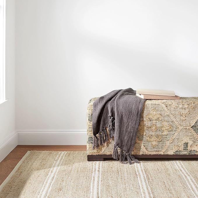 Dash and Albert Arbor Jute Area Rug - 3' x 5' Ivory Stripe Handwoven Accent Rug - Durable, Eco-Friendly, High Traffic Area Kitchen, Hallway, Bedroom