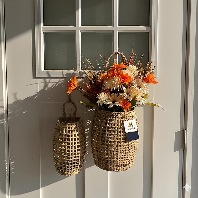AceList Set of 2 Water Hyacinth Wall Hanging Baskets, Wall Basket Storage for Flowers & Plant, Decorative Boho Coastal for Front Door, Closet, Living Room or Entrance (Original)