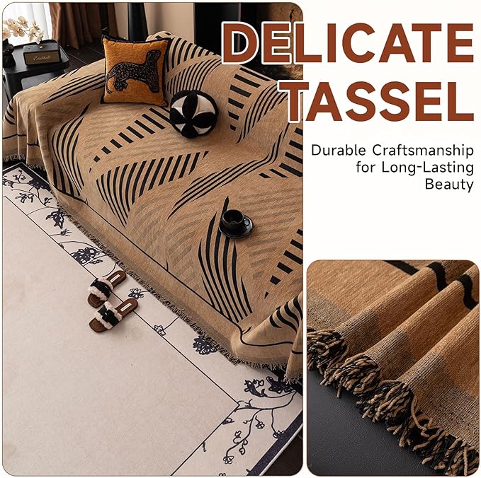 VClife Soft Thick Chenille Couch Cover 1 PC Washable Couch Cover for 3 Cushion Couch Sofa Modern Brown Black Jacquard Sectional Sofa Cover 71"x150"