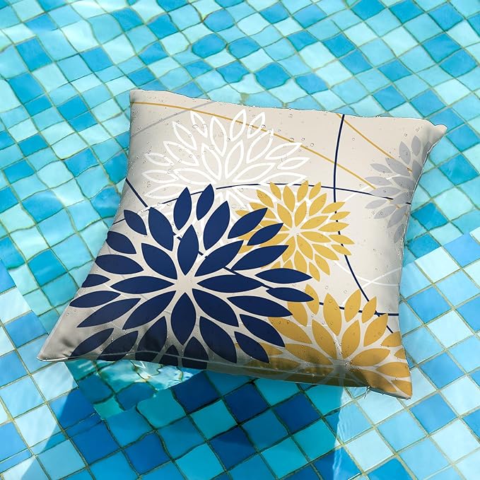 Outdoor Pillow Covers 18x18 Inch Set of 2 Navy Blue Yellow Outdoor Waterproof Decorative Throw Pillows Summer Spring Decor for Home Patio Funiture Garden Living Room Polyester Cushion Covers 01G18