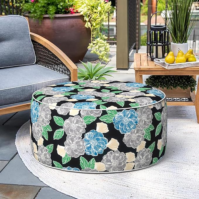 Indoor/Outdoor Inflatable Ottoman, Water Repellent Round Foot Rest Ottomans D31 x H14 inch, Portable Footstool for Patio Garden Camping or Home, Peony Garden