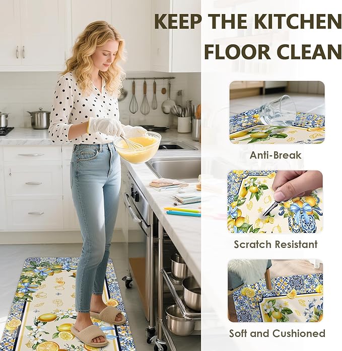 Rugs for Kitchen Floor, Lemon Anti Fatigue Mats for Kitchen Floor Non Slip, 2PCS Wipeable Rubber Kitchen Mat, Washable Cushioned Lemons Runner Carpet Rug for Sink Laundry 15.7"×27.5" +15.7"×47"
