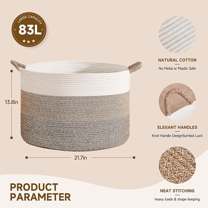 CLHMILY&Z Round Cotton Rope Storage Basket - 22x14.2 Inches - Stylish Nursery Storage Bin, Baby Toy Organizer, Soft Cotton Basket for Home Decor, Multi-Purpose Storage Solution
