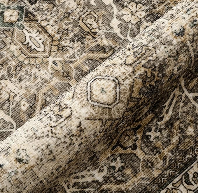 Vintage Area Rug 10x14 Brown Washable Living Room Large Carpet Non Slip Bedroom Indoor Office Low Pile Traditional Distressed Retro Accent Rug for Dining Room