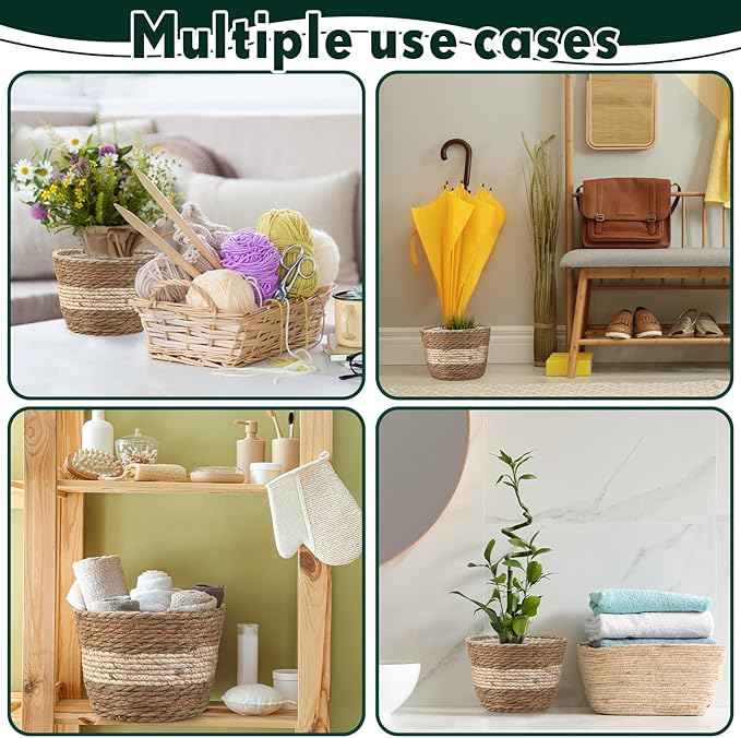 Mumufy 6 Pcs Seagrass Planter Basket Flower Pots Cover Plant Baskets Hand Woven Plant Basket Storage Containers with Plastic Liners for Indoor Outdoor Flower Pots Decoration 10, 7, 8.3 Inch(Novel)